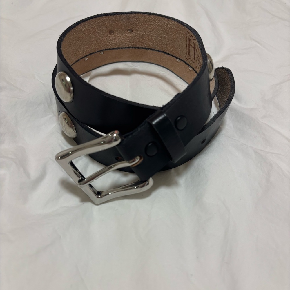 Black Leather Large Round Stud Belt with Silver Buckle